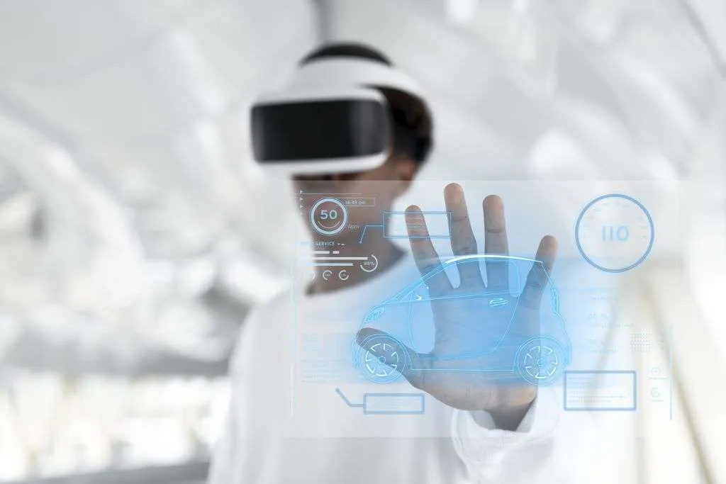 man with vr headset touching holographic screen